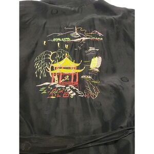Vintage Asian 100% Silk Robe Embroidered Pagoda Long Black Kimono Sleeves Sz M